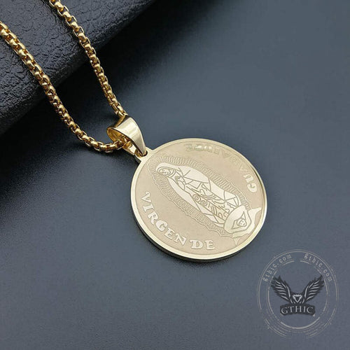 Aztec Sun Virgin of Guadalupe Stainless Steel Pendant