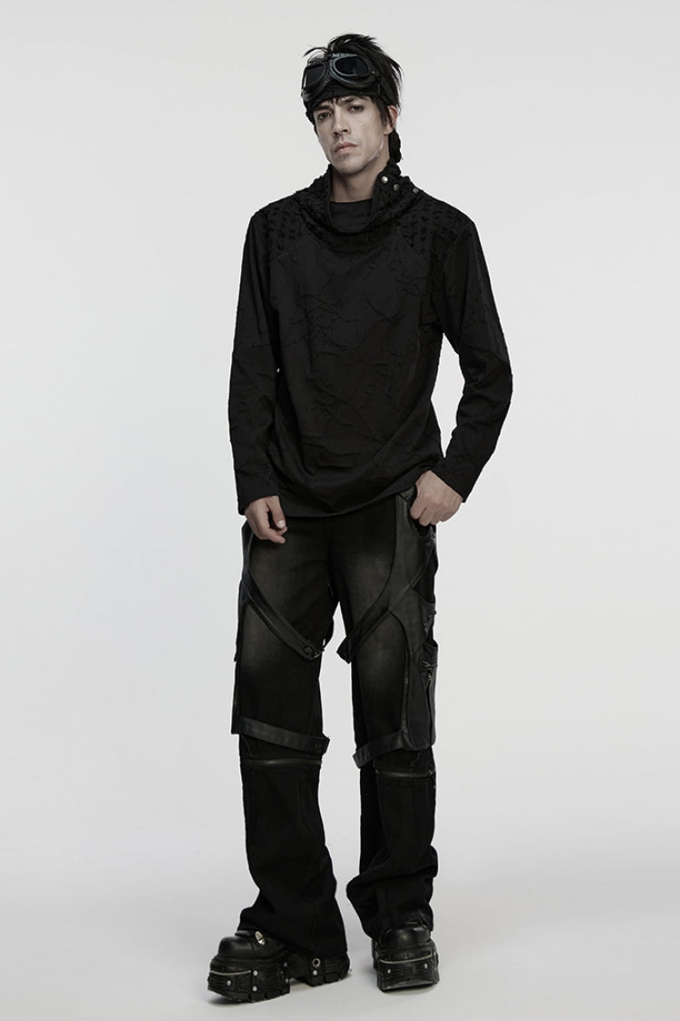 Black Stand Collar Long Sleeves Embroidered Ripped Studded Loose Punk T-shirt