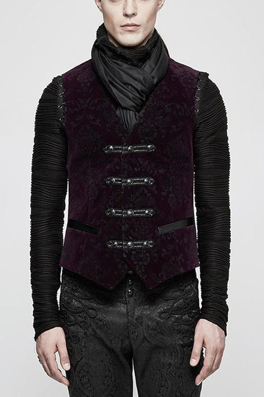 Red Gothic Velveteen Printing Front Metal Buckle Weave Strap Vest
