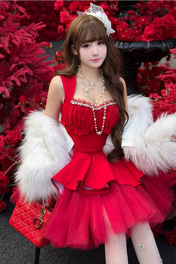 Red [romantic Rose] Square Collar Sleeveless Ruffled Classic Ballet Lolita Dress