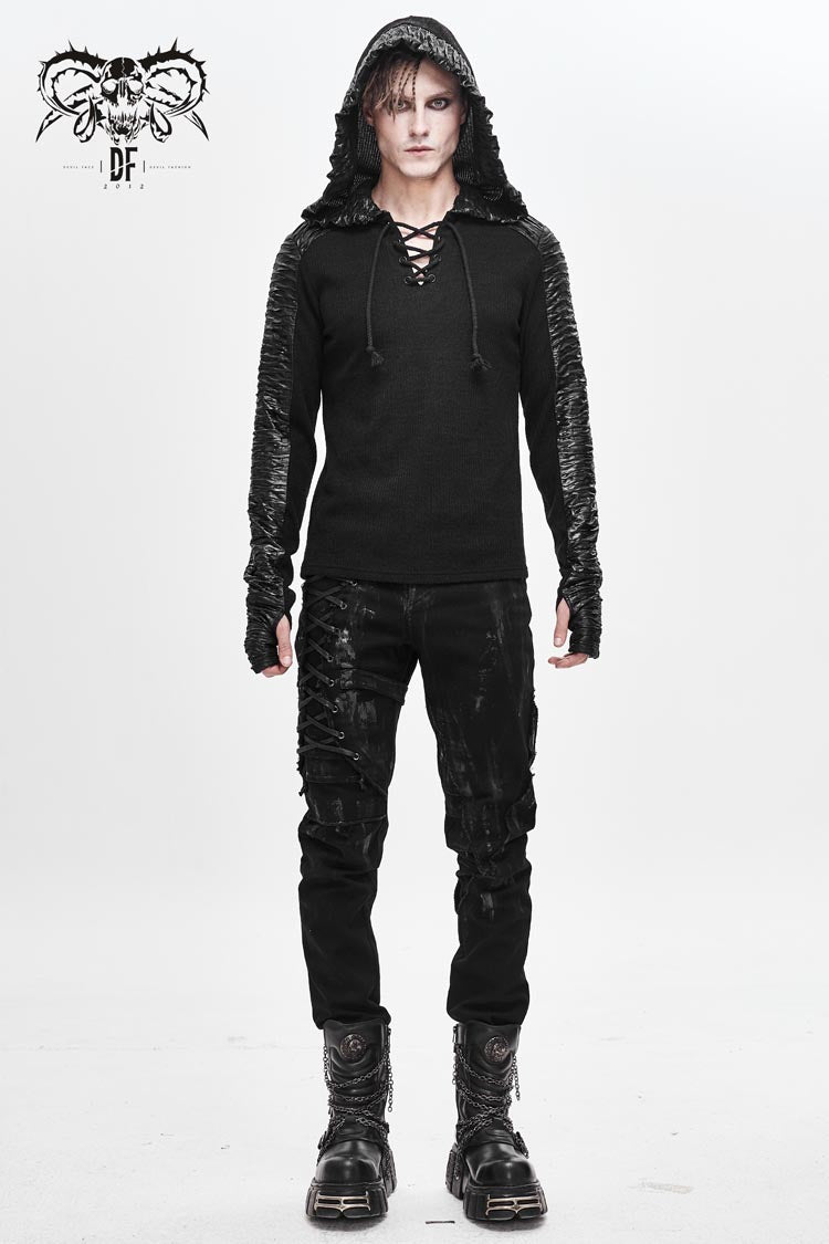Black Chest Lace Up Vertical Stripes Woolen Splice Bright Crimped Fabric Hooded Punk T-shirt