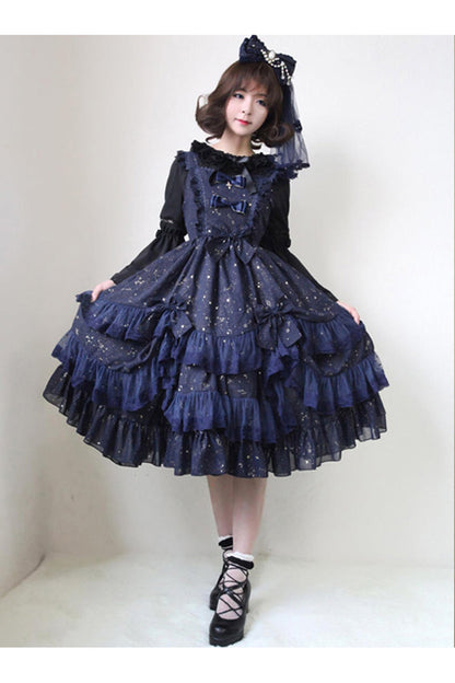 Chiffon Golden Star Bowknot Print Classic Lolita Sling Dress