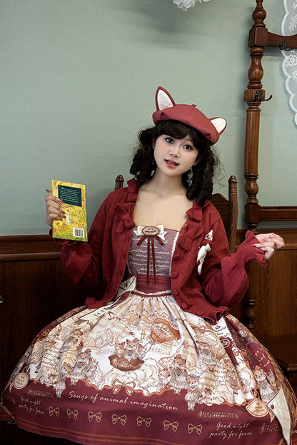 Wine Red [fox Band] Print Square Collar Bowknot Classic Lolita Jumper Dress