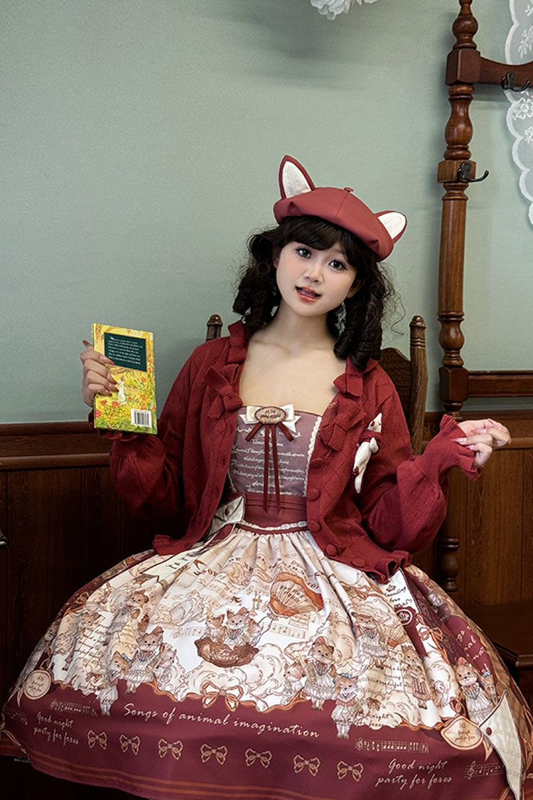 Wine Red [fox Band] Print Square Collar Bowknot Classic Lolita Jumper Dress