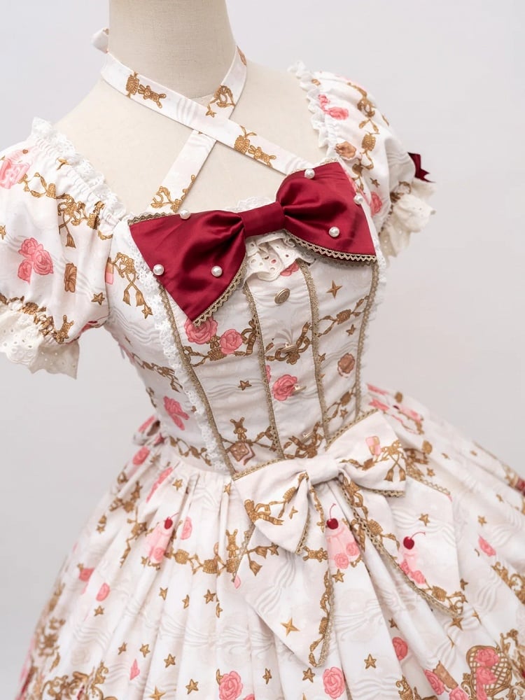 [pre-order Deadline: April 26] Retro Romance Sweet Lolita Ribbon Cake Print Halter Neck Dress