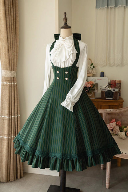 [south of the Forest] Halterneck Stripe Print Ruffle Classic Lolita Jsk Dress 4 Colors