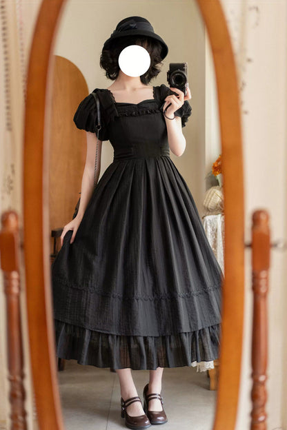 Black [forest Gallery] Square Collar Short Sleeves Ruffled Bow Classic Lolita Dress