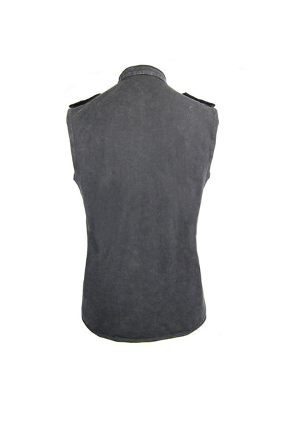 Black Military Uniform Style Chest Chinese Frog Button Sleeveless Punk T-shirt