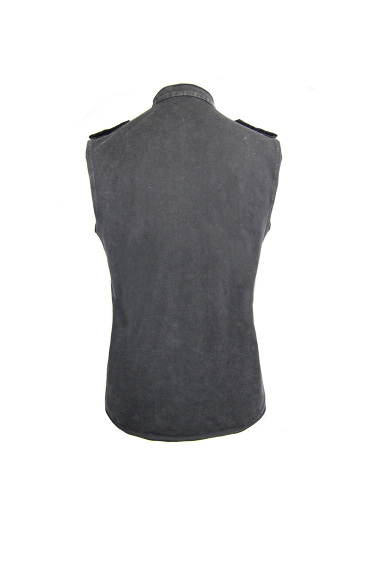 Black Military Uniform Style Chest Chinese Frog Button Sleeveless Punk T-shirt