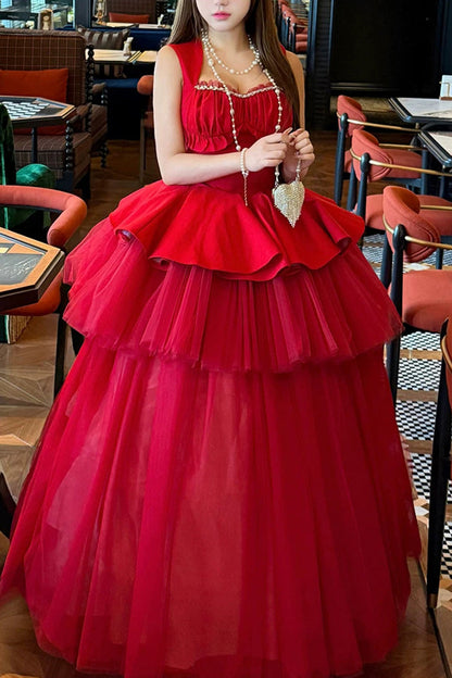 Red [romantic Rose] Square Collar Sleeveless Ruffled Classic Ballet Lolita Dress