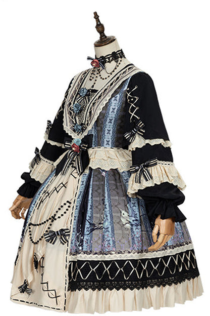 Multi-color Ruffled Sleeve Retro Printed High Waist Classic Lolita Op Dress