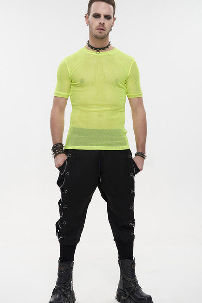 Yellow Gothic Crew Neck Diamond-shaped Net Hyperelastic Short Sleeve T-shirt