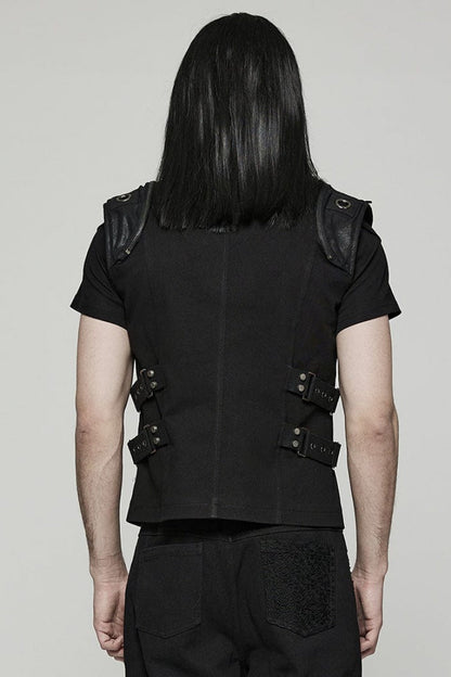 Black Stand Collar Side Waist Webbing Decorative Stitching Steampunk Vest