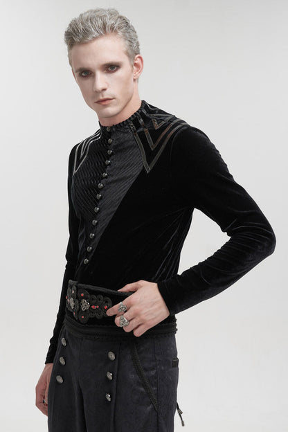 Black Round Collar Long Sleeves Stripes Splice Velvet Gothic Shirt