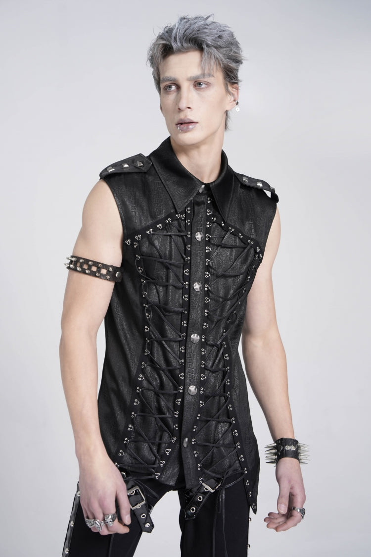 Black Sleeveless Studded Lace-up Gothic Blouse
