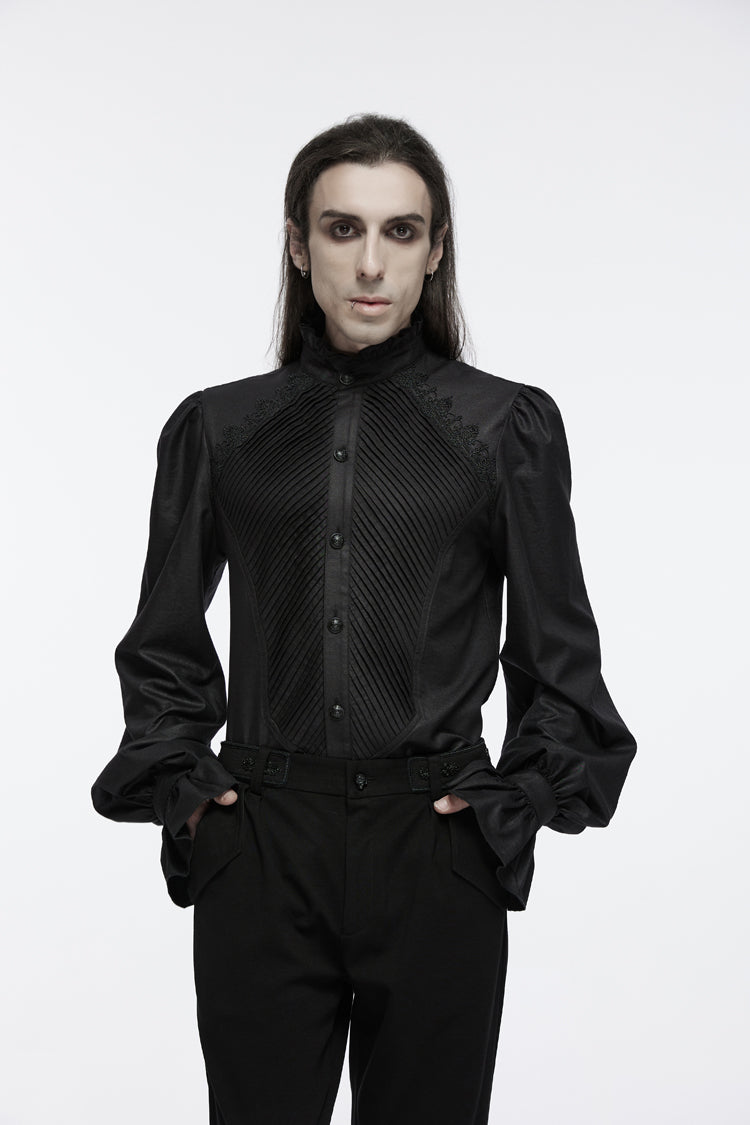Black Stand Collar Long Puff Sleeves Crochet Gothic Blouse