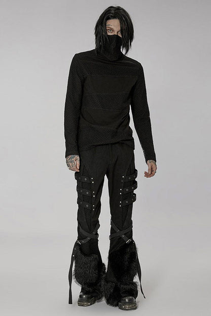 Black Punk Super High Collar Masked Hanging Ear Splicing Mesh Long Sleeves T-shirt