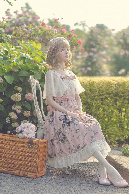 Pink French Rose Print Square Collar Ruffled Classic Lolita Op Dress