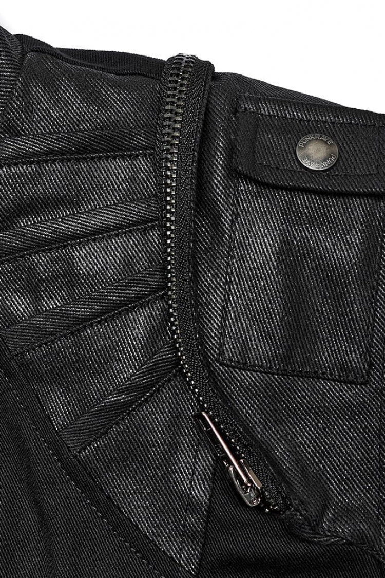 Black Stand Collar Side Waist Webbing Decorative Stitching Steampunk Vest