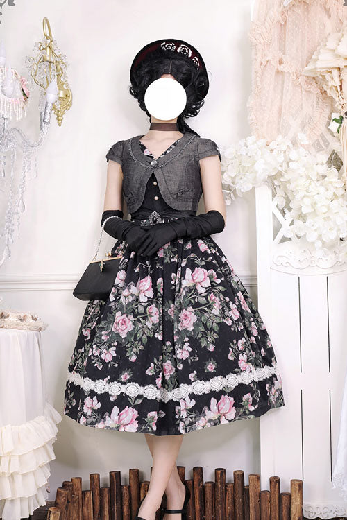 Black French Rose Print V Collar Sleeveless Ruffled Classic Lolita Jsk Dress