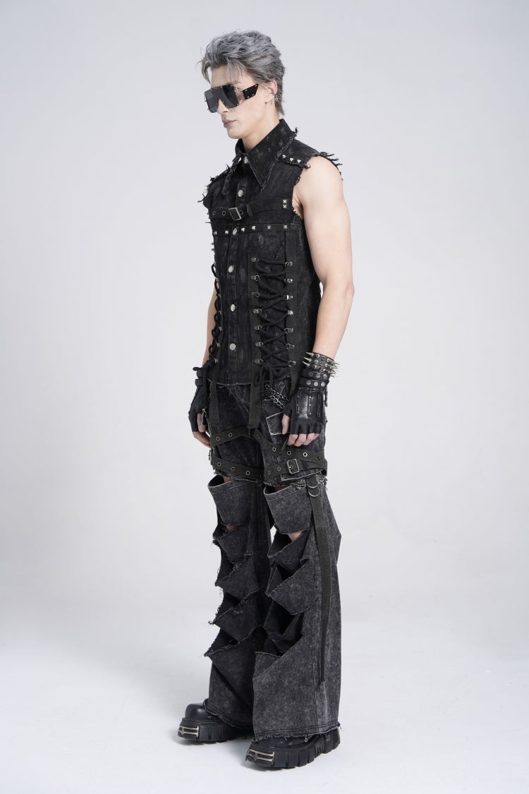 Black Sleeveless Studded Lace-up Gothic Distressed Vest