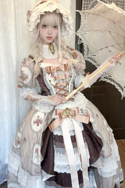 Brown [baker Street Tea Party] Short Sleeves High Waisted Print Ruffle Embroidery Cardigan Bowknot Lace-up Classic Princess Lolita Dress