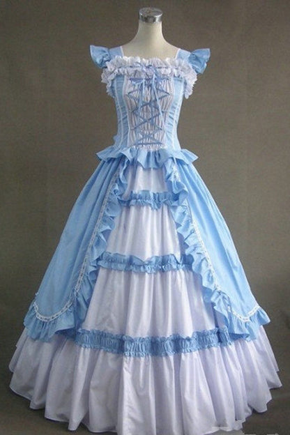 Blue Cotton Square Collar Cap Sleeves Floor Length Ruffled Multi-layer Pleats Victorian Classic Lolita Dress