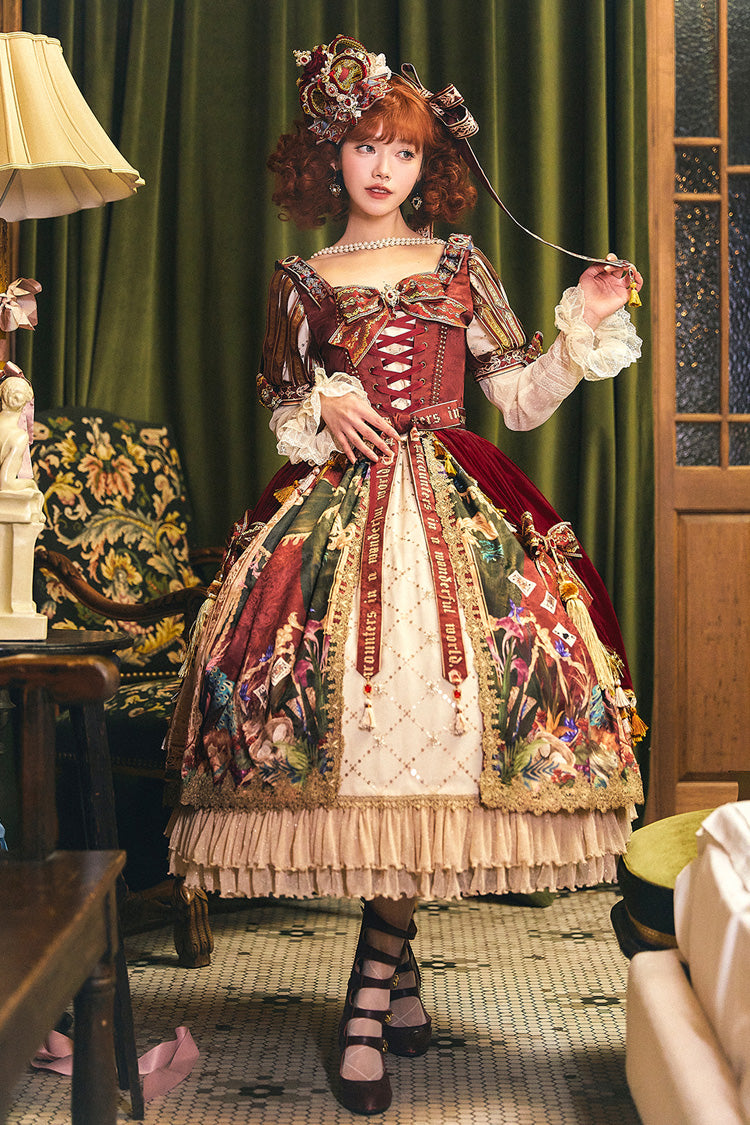 Red [kaleidoscope of Dreams] Double-layered Print Embroidery Bowknot Lace-up Classic Lolita Dress