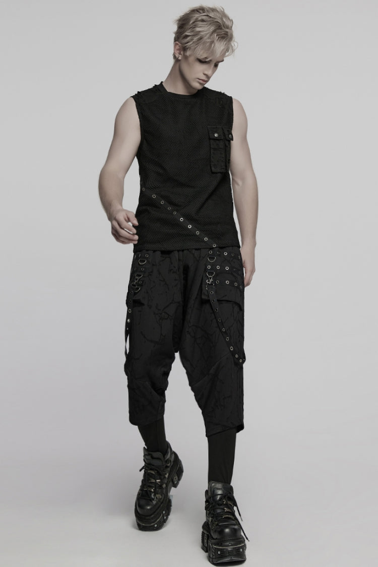 Black Round Collar Sleeveless Stitching Mesh Ripped Punk Vest