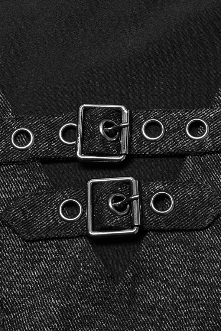 Black Short Sleeves Buckle Stitching Mesh Steampunk T-shirt