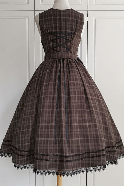 Brown [poem of Greina] V Collar Sleeveless High Waisted Printed Classic Lolita Jsk Dress