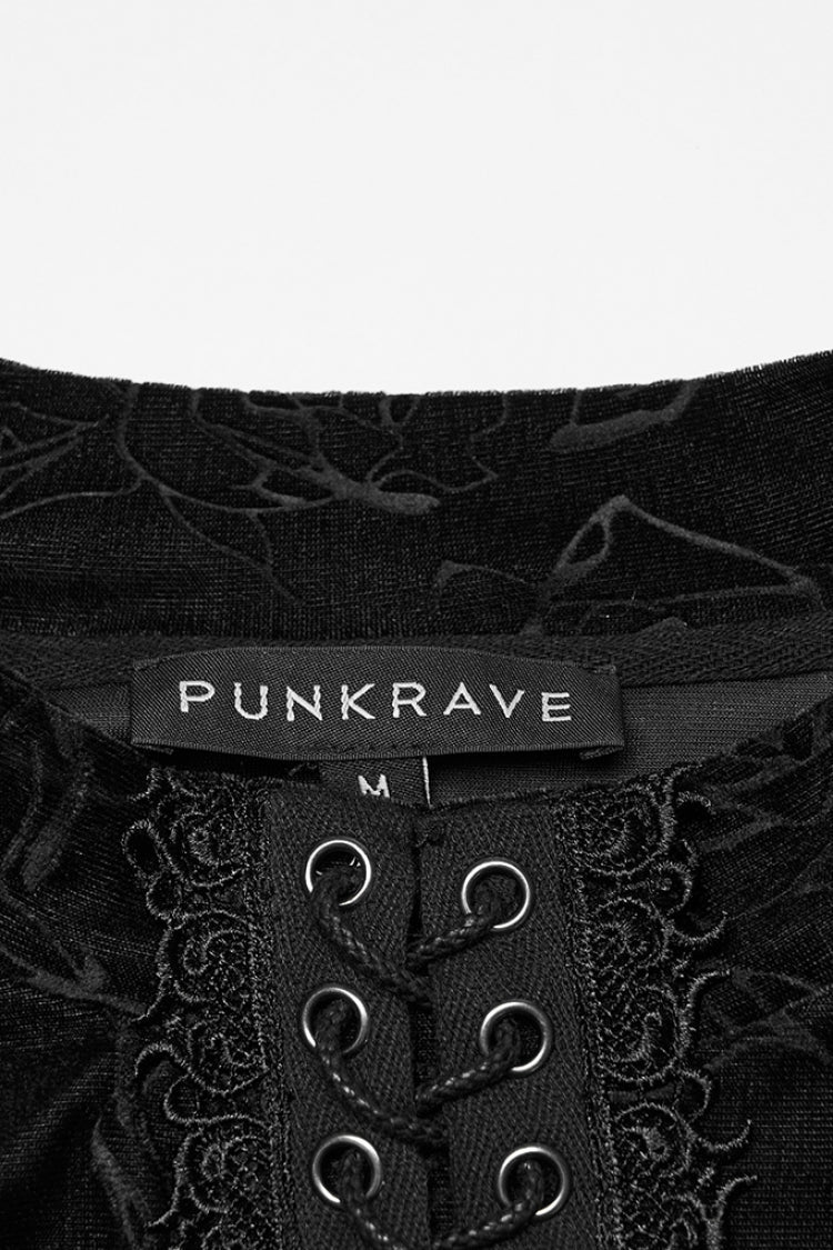 Black Stand Collar Long Sleeves Rose Embossed Lace-up Zippered Gothic Top