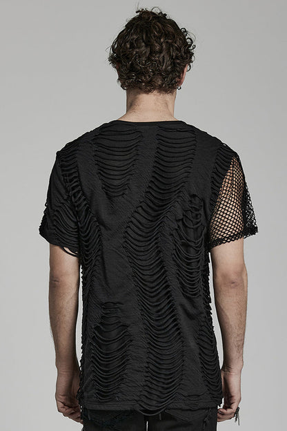 Black Short Sleeves Stitching Mesh Ripped Punk T-shirt