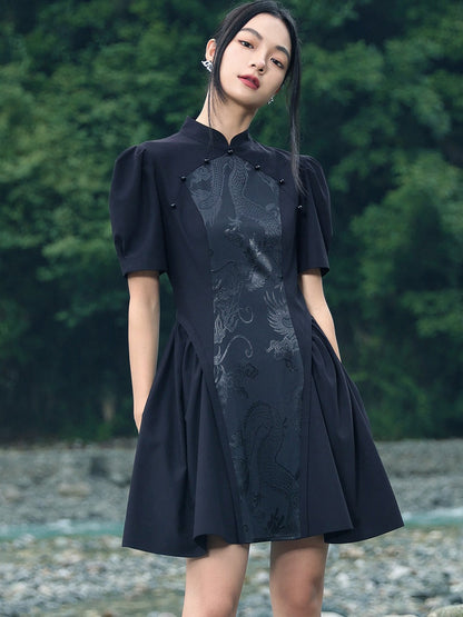 Jacquard Retro Puff Sleeve Chinese-style Dress