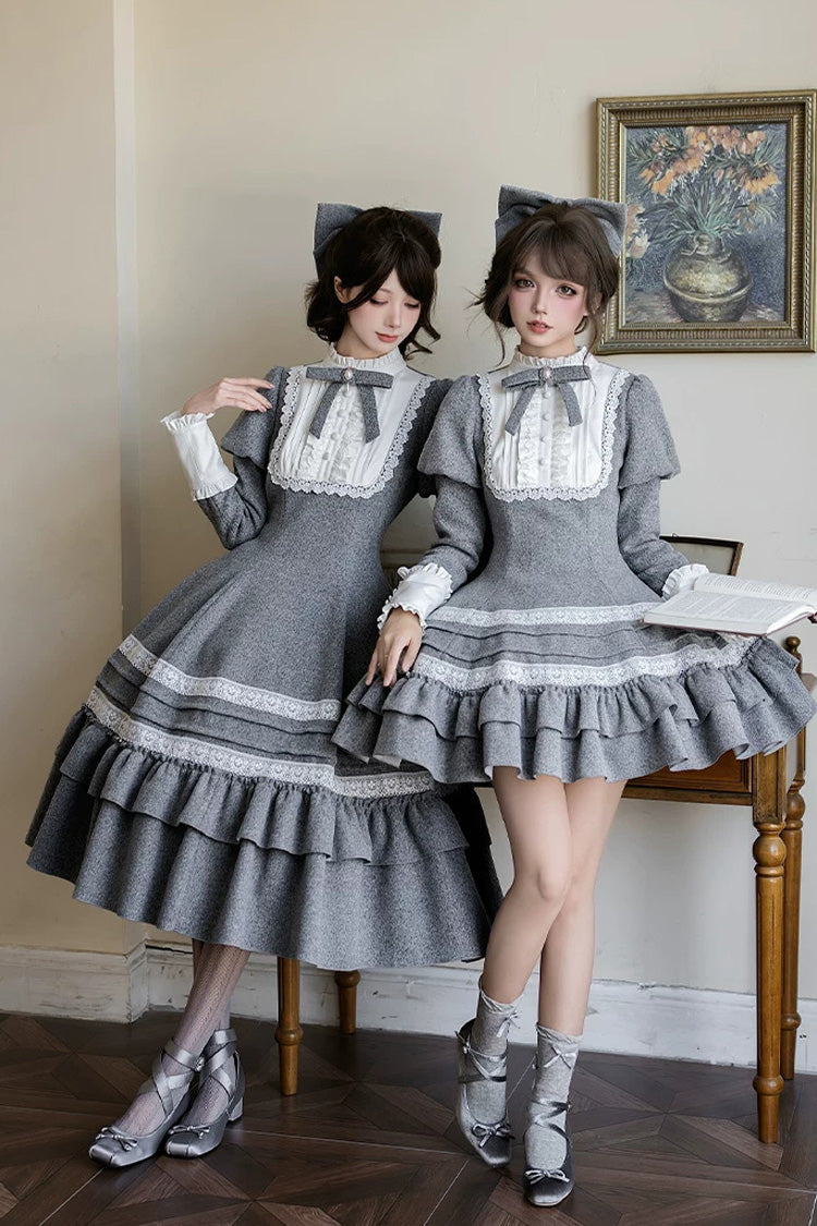 Grey [letters and Poems · Old Memories] Stand Collar Long Sleeves Double-layered Ruffled Bow Classic Lolita Dress 2 Versions