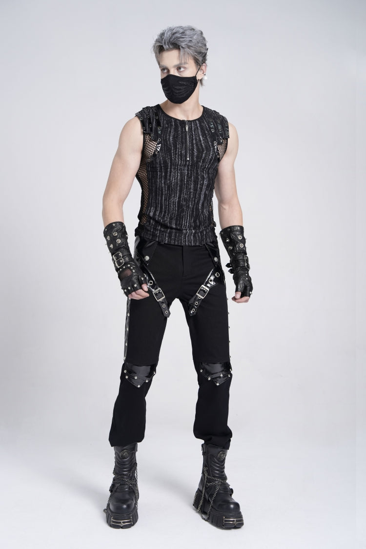 Black Sleeveless Ribbed Print Stitching Mesh Zipper Gothic Vest
