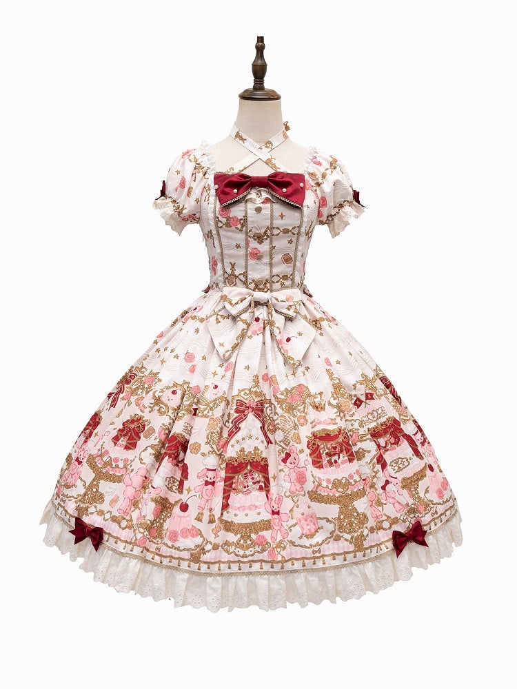 [pre-order Deadline: April 26] Retro Romance Sweet Lolita Ribbon Cake Print Halter Neck Dress