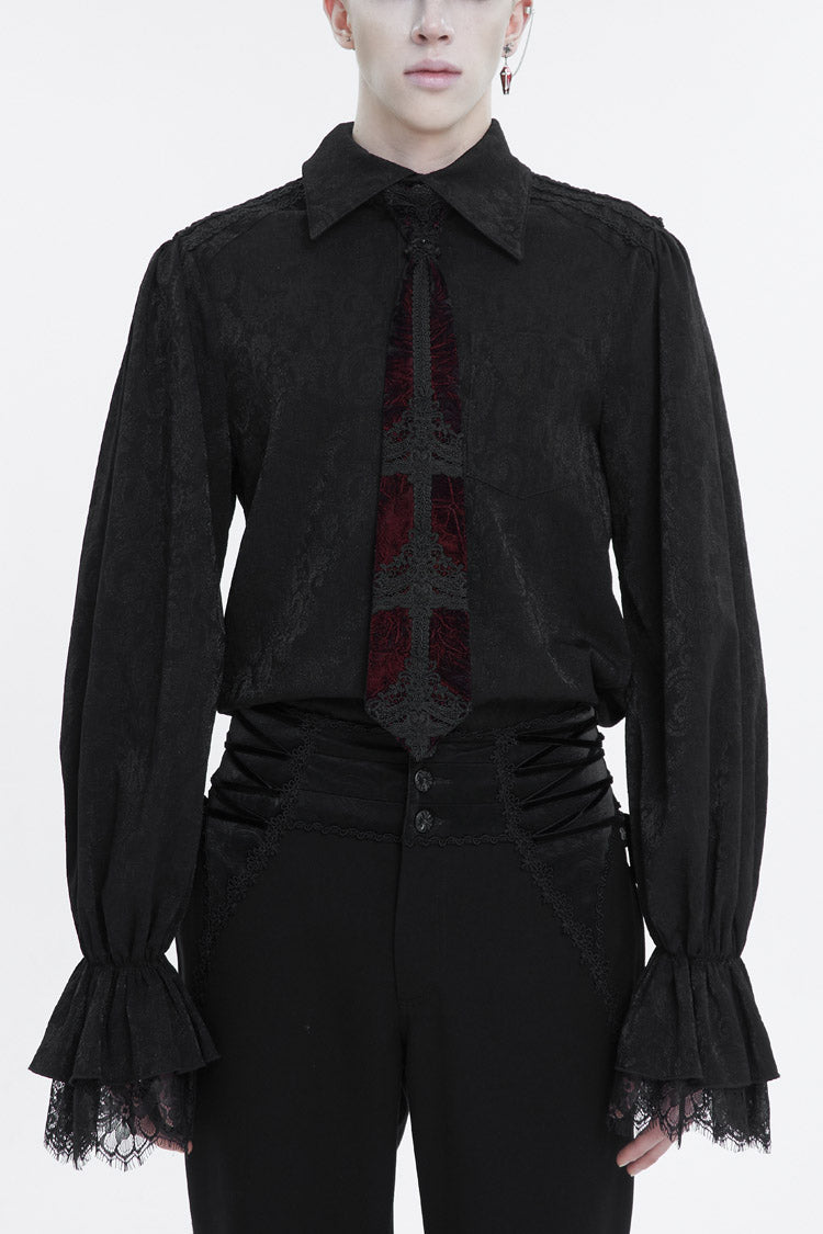 Black Lapel Collar Puff Sleeved Lace Hem Gothic Shirt