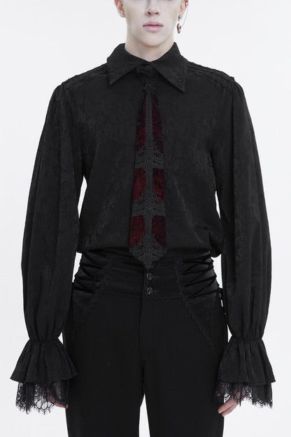 Black Lapel Collar Puff Sleeved Lace Hem Gothic Shirt