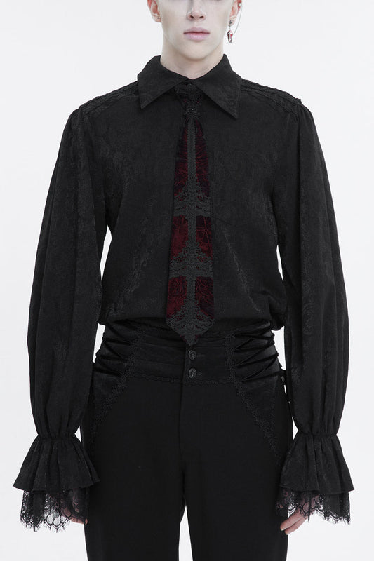 Black Lapel Collar Puff Sleeved Lace Hem Gothic Shirt