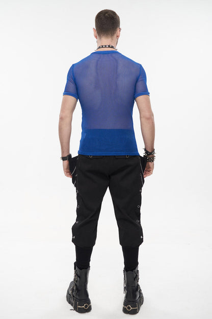 Blue Crew Neck Diamond-shaped Net Short Sleeve Gothic T-shirt