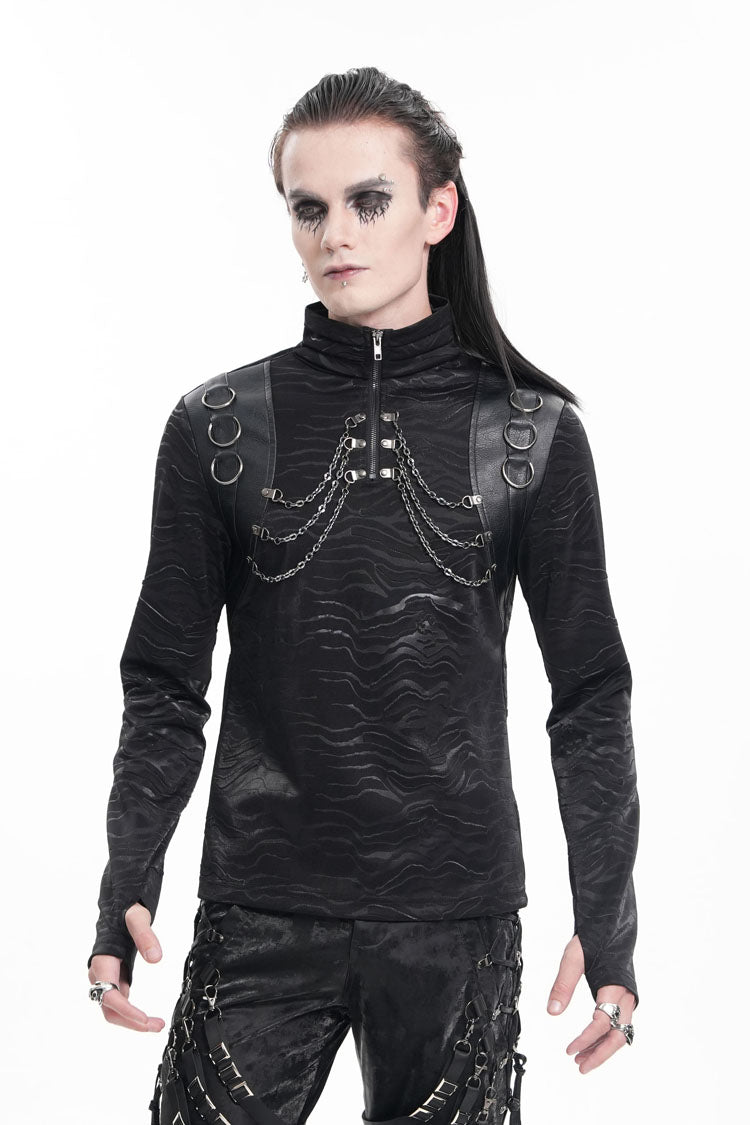 Black Chain Rings Stand Collar Long Sleeves Gothic T-shirt
