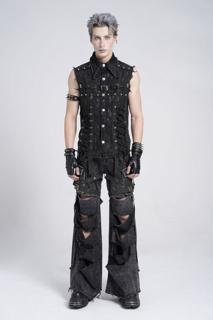 Black Sleeveless Studded Lace-up Gothic Distressed Vest