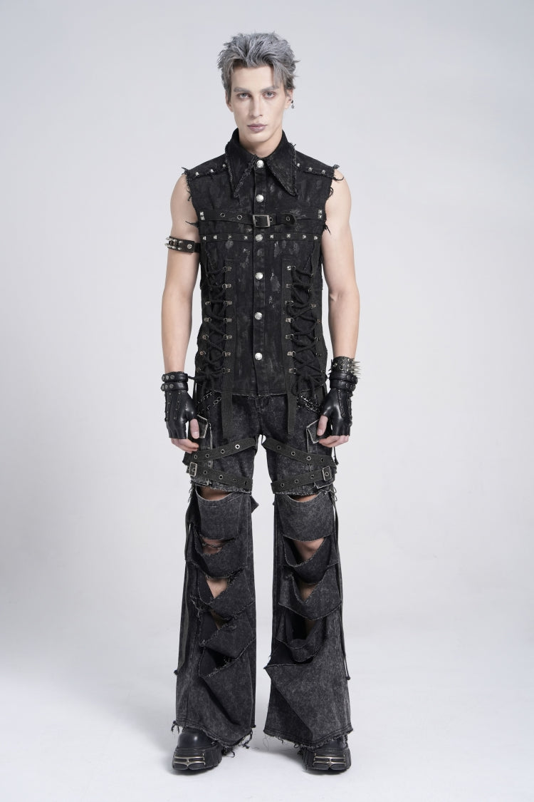 Black Sleeveless Studded Lace-up Gothic Distressed Vest