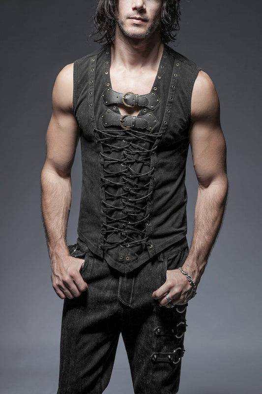 Black V Collar Sleeveless Metal Rings Cross Lace-up Steampunk Vest
