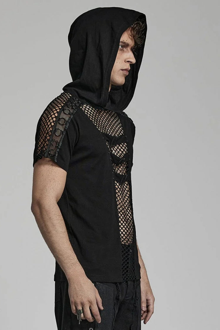 Black Short Sleeves Hollow Stitching Hooded Mesh Steampunk T-shirt