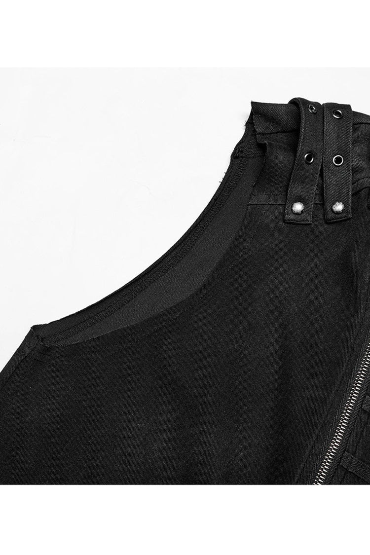 Black Punk Stand Collar Anterior Middle Asymmetry Design Zipper Shoulder Decorate Webbing Vest