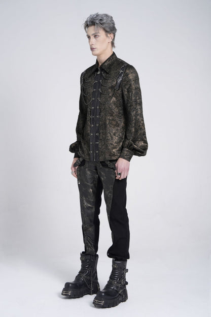 Black Lapel Collar Long Puff Sleeves Faux Leather Stitching Gothic Blouse With Chain
