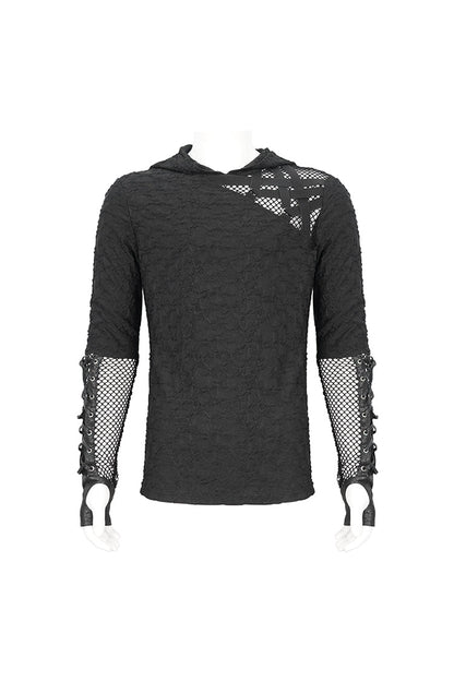 Black Lace Up Mesh Splice Long Sleeve Punk Hoodies