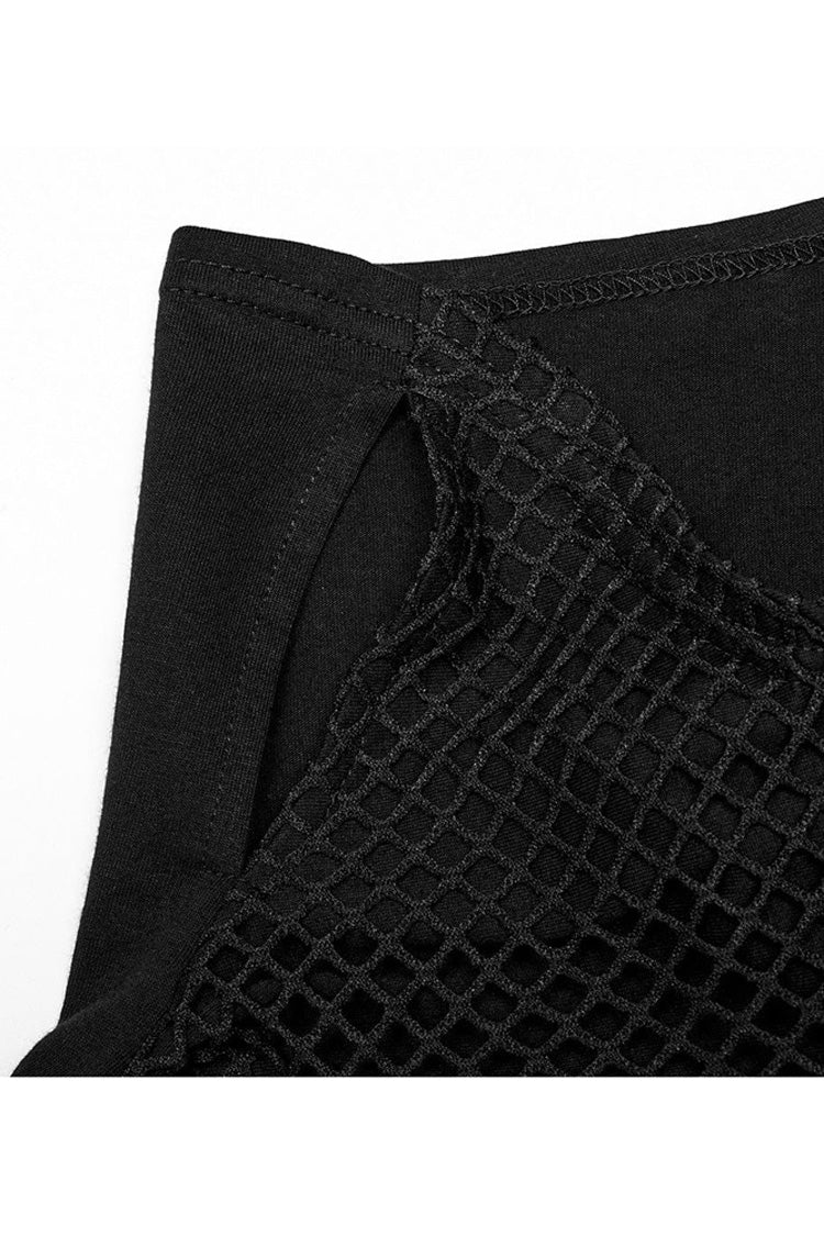 Black Punk Super High Collar Masked Hanging Ear Splicing Mesh Long Sleeves T-shirt